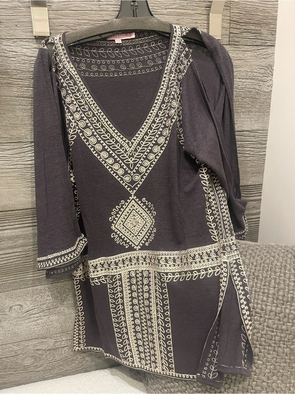 Calypso St. Barth Charcoal Tunic Dress with Cream Embroidery